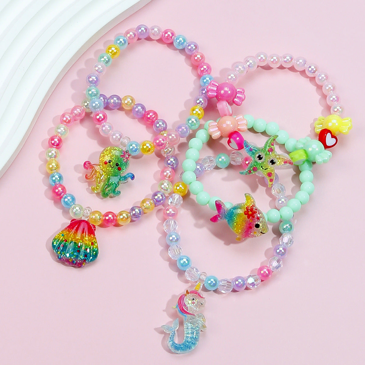 Cartoon Ocean Animal Children's Bracelet Set for Girls Featuring Resin Material and Handmade Craftsmanship