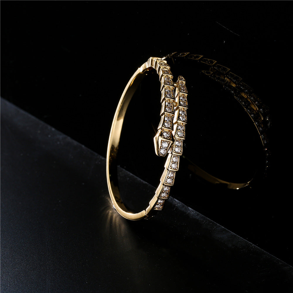 Fashion-Forward Geometric Snake-Shaped Copper Bracelet with Genuine Gold Plating and Micro-Paved Zirconia