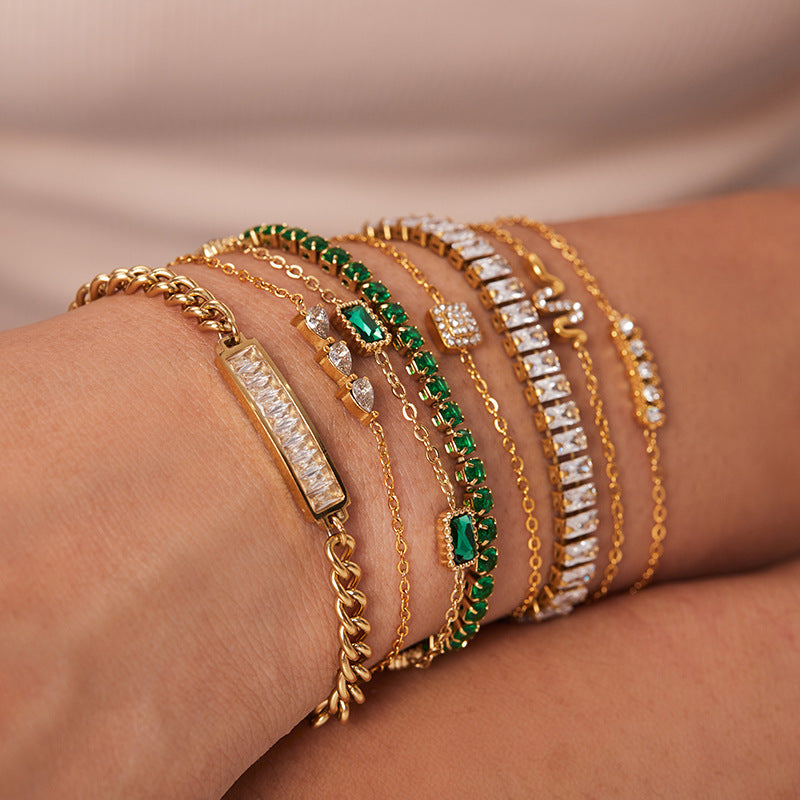 INS Style Geometric Titanium Steel Bracelet with 18K Gold Plating and Zircon Inlay for Women