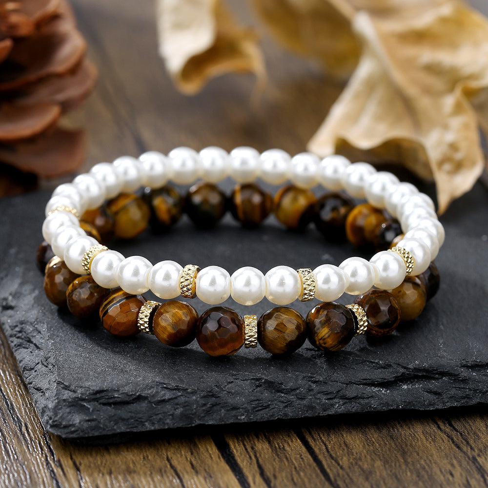 Bracciale elasticizzato con perline geometriche esagonali in ossidiana nera e occhio di tigre, da uomo e unisex, accessorio casual da lavoro e alla moda