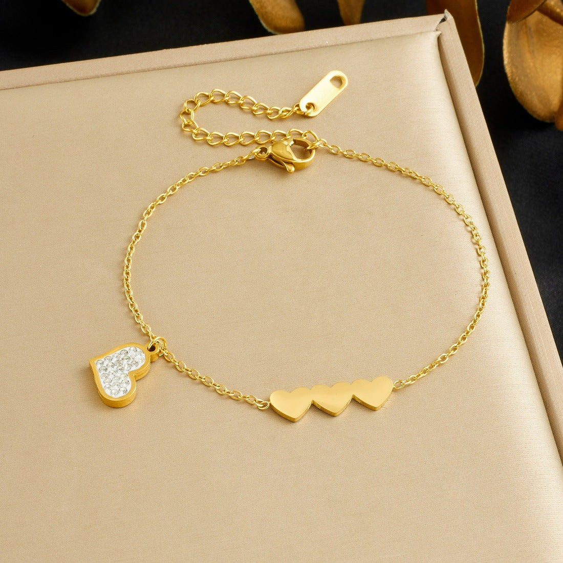 Minimalist Gold Plated Heart Rhinestone Stainless Steel Bracelet
