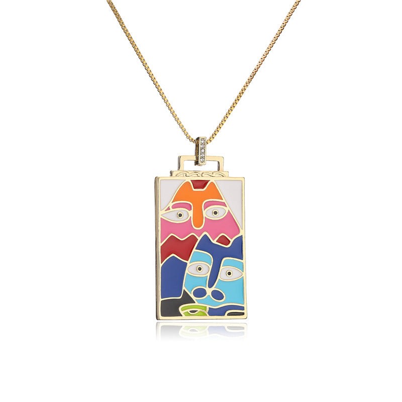 Geometric Brass Micro-Inlay Cubic Zirconia Drip Oil Pendant Necklace with Cable Chain