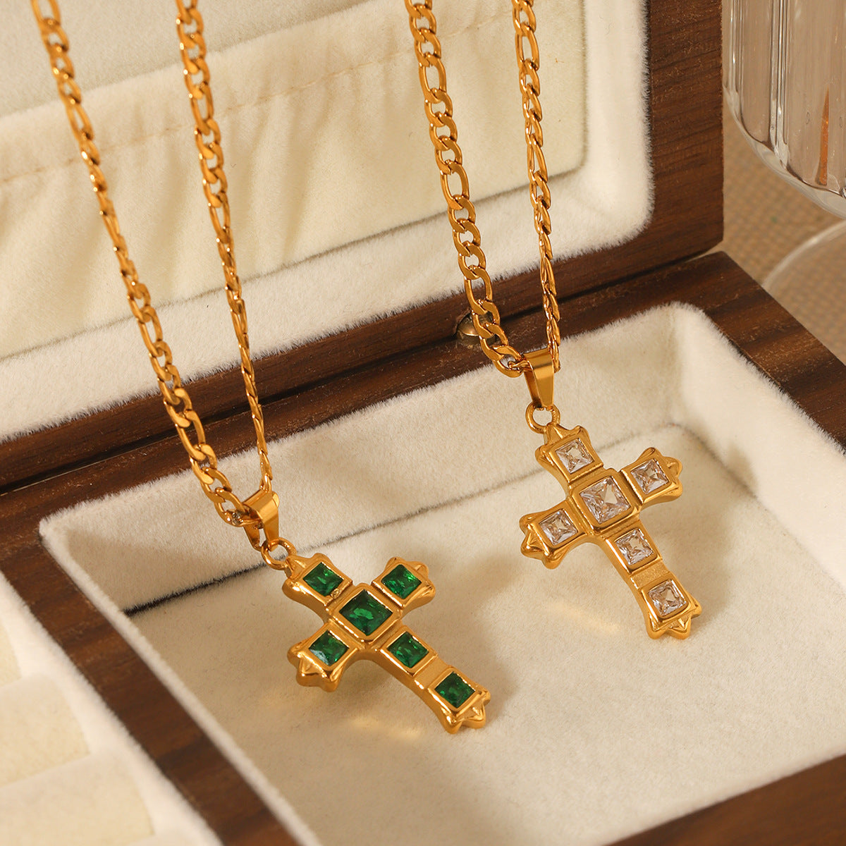 Minimalist Cross Pendant Necklace in Stainless Steel with Zircon Inlay on Figaro Chain for Women
