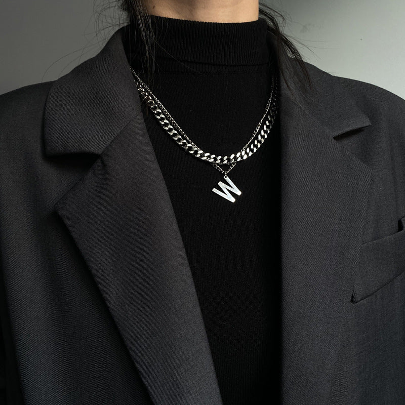 Minimalist W-Shaped Cuban Link Necklace for Women and Men Titanium Steel Polished Double Layer Choker Chain