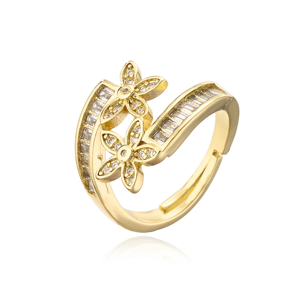 Minimalist Geometric Open Ring for Women with Cubic Zirconia Flower Accents in Copper