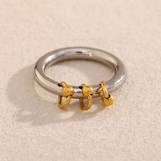 Minimalist Geometric Stainless Steel Ring with 18K Gold Plating and Beaded Tassel Detail