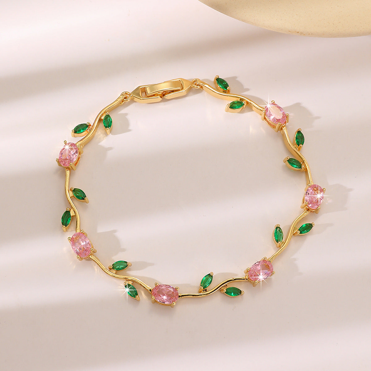 Luxury Gold Plated Brass Leaf Bracelet with Cubic Zirconia Inlay Unisex Floral Design