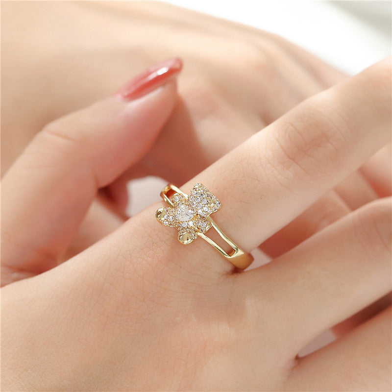 18K Gold Plated Brass Micro-Inlaid Cubic Zirconia Bear Ring Adjustable Open Design for Women