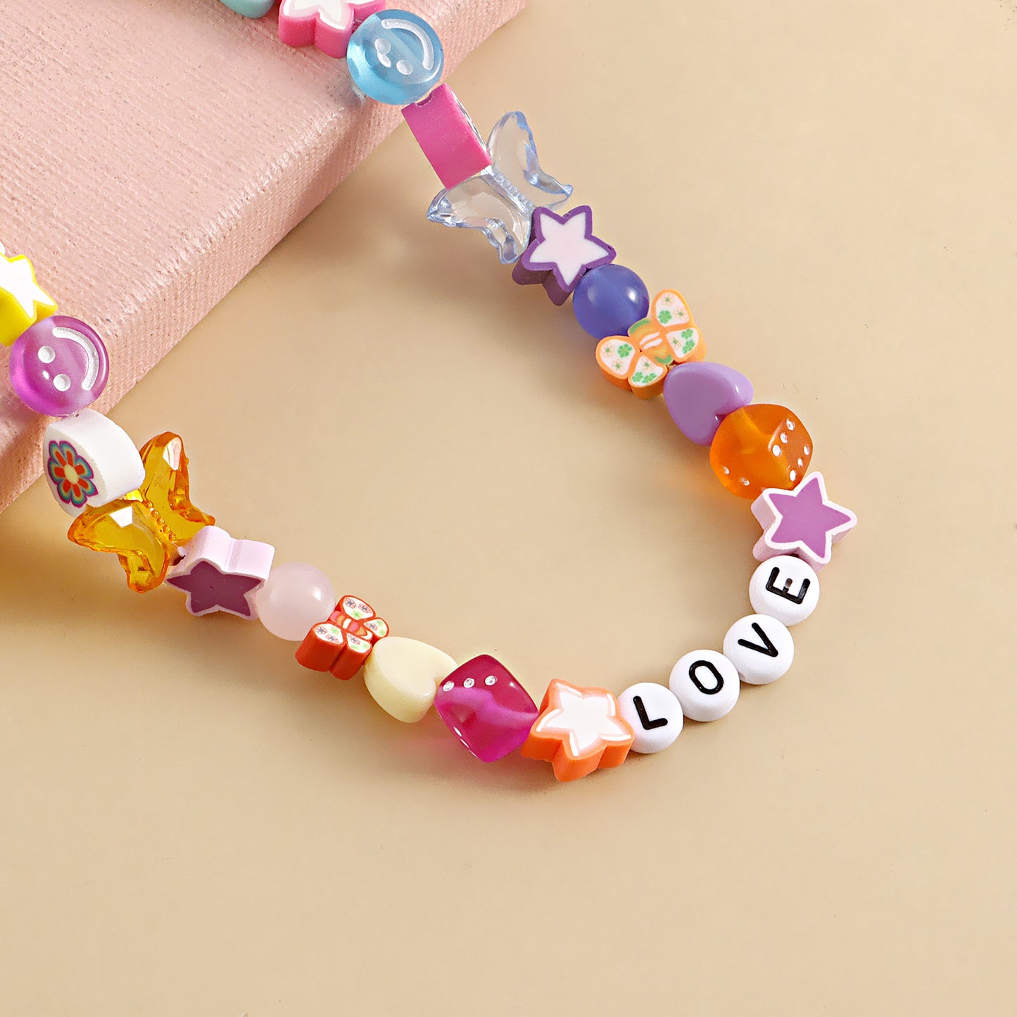 Minimalist LOVE Letter Butterfly Anklet for Women Alloy Geometric Foot Jewelry with Mixed Color Polymer Clay Beads