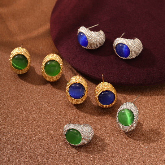 French Vintage Style Geometric Blue Green Zirconia Titanium Steel Stud Earrings for Women with Plated Finish