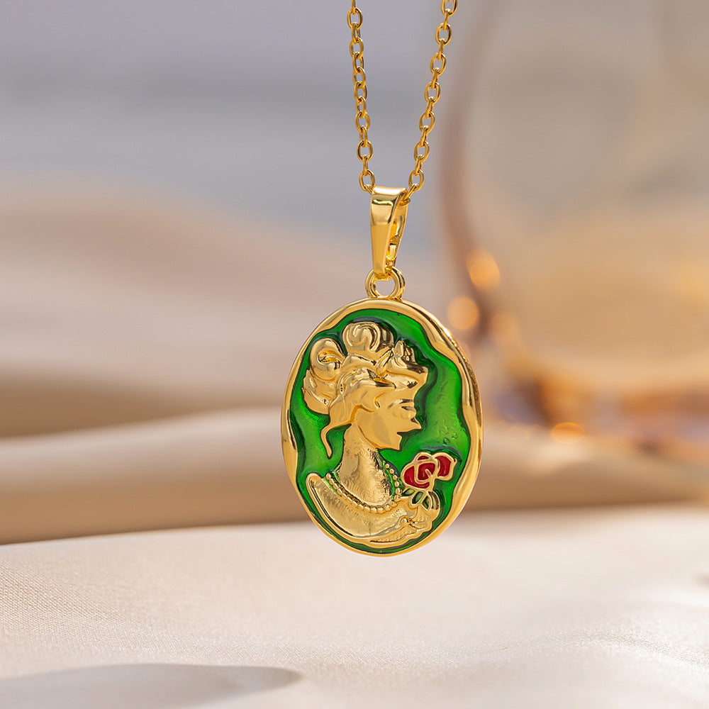 Minimalist Cartoon Character Pendant Necklace in Titanium Steel with Enamel Finish, Hypoallergenic Plated O-Chain, Unisex Lightweight Design