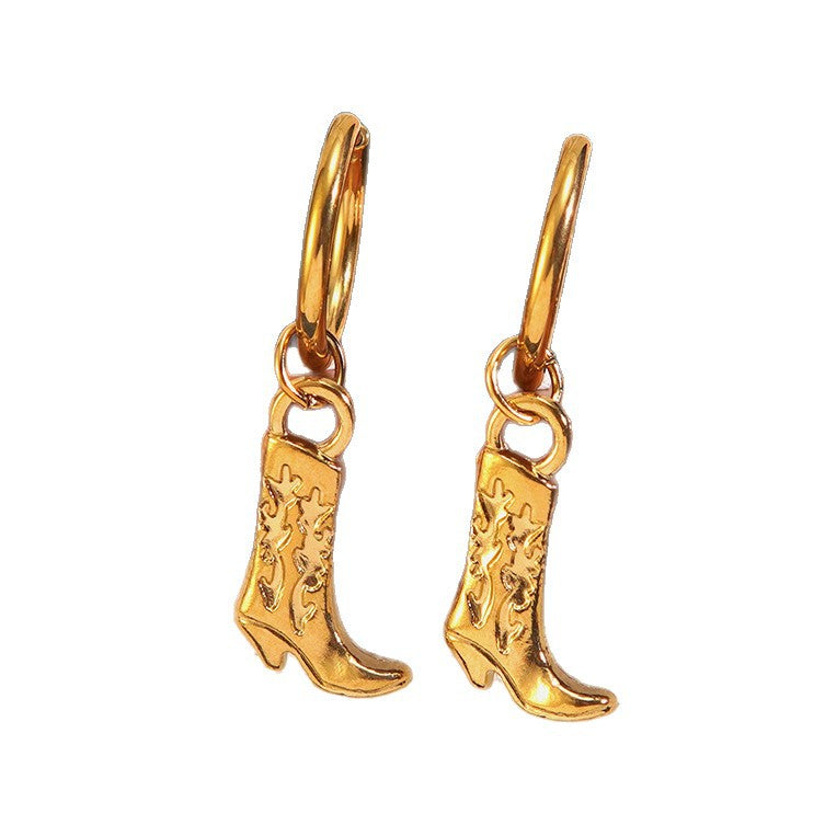 Vintage Western Boots Pattern Stainless Steel Plated Necklace and Earring Set for Women