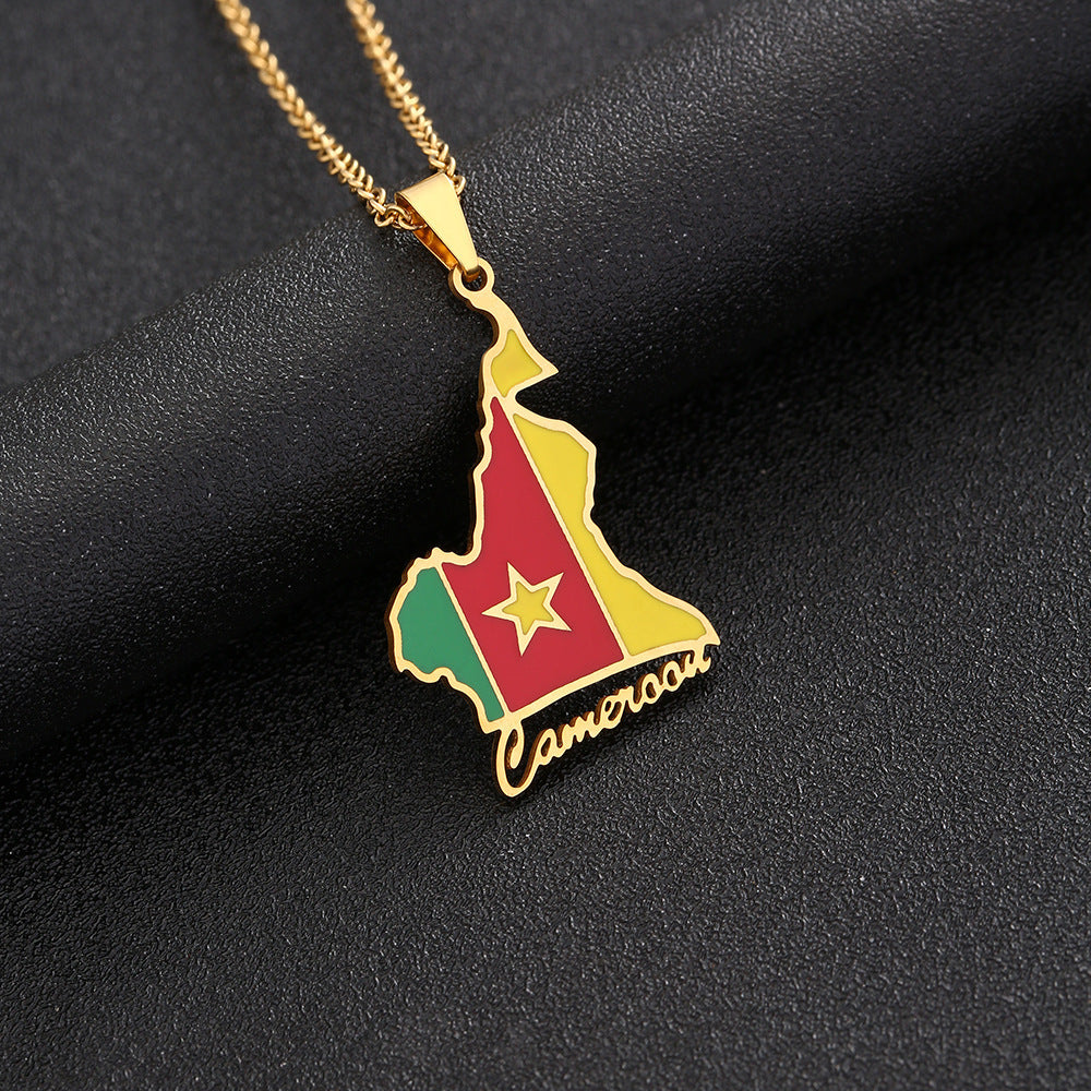 Collar con Colgante de Mapa de Camerún Geométrico de Estilo Étnico en Acero Inoxidable con Acabado Esmaltado para Uso Unisex