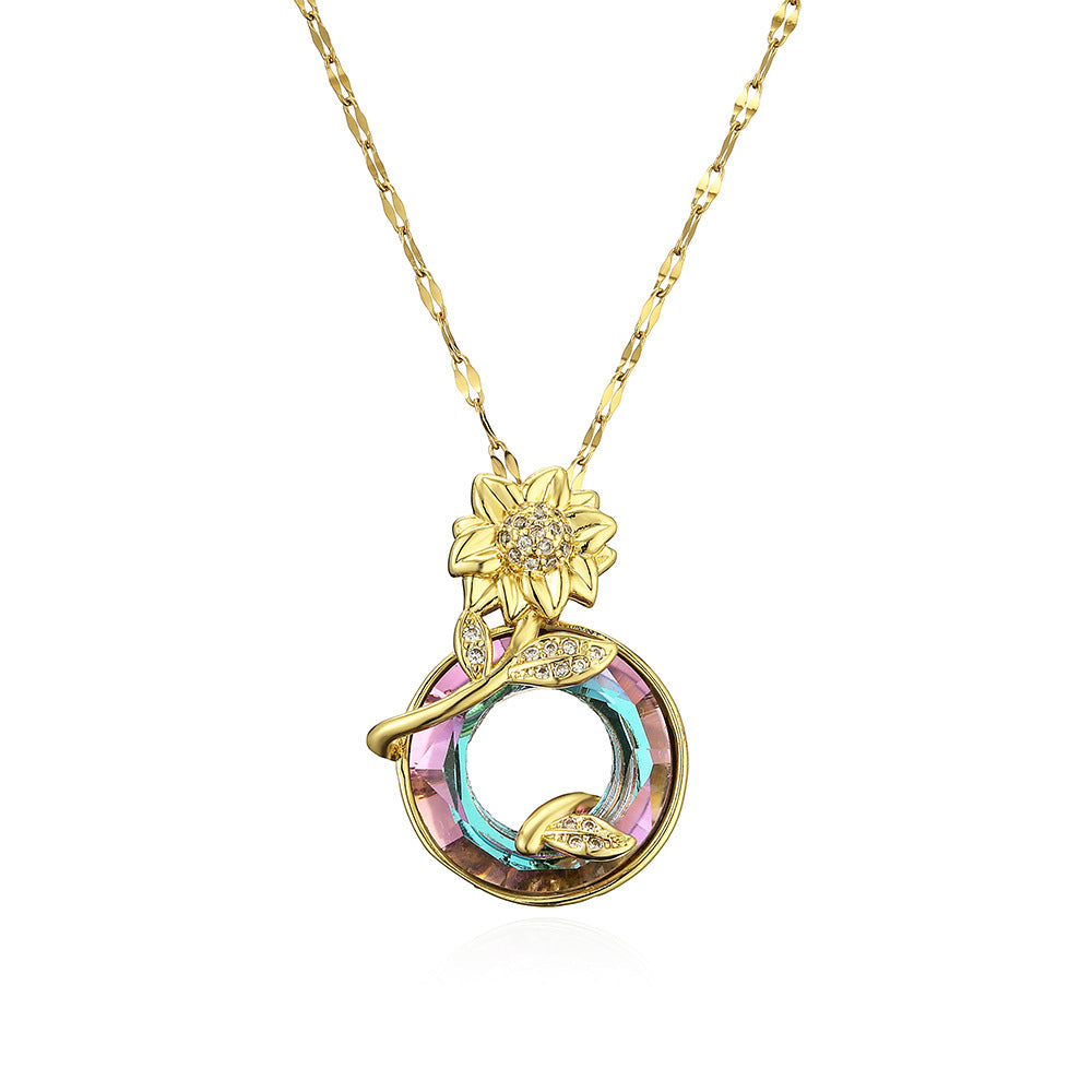 Minimalist Geometric Sunflower Pendant Necklace for Women in Copper with Cubic Zirconia Accents