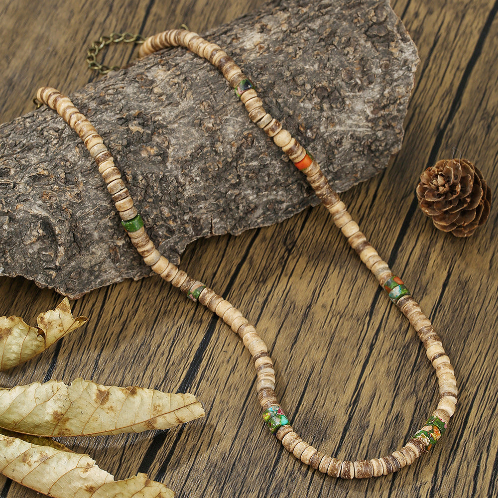 Vintage Bohemian Ethnic Handmade Geometric Coconut Shell Wood Beaded Stone Pendant Necklace for Unisex