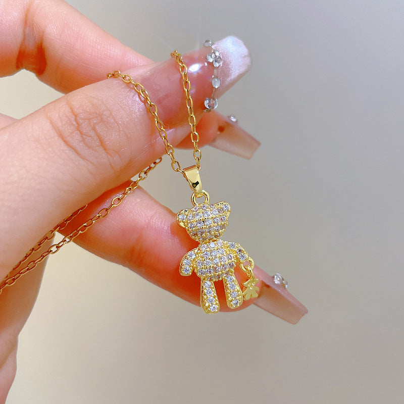 Sweet Cartoon Animal Moon Rhinestone Pendant Necklace Titanium Steel Chain for Unisex