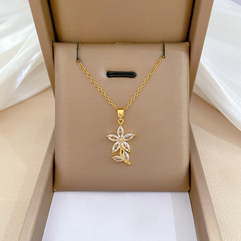 Collar de acero de titanio geométrico minimalista de lujo con incrustaciones de diamantes de imitación para mujer