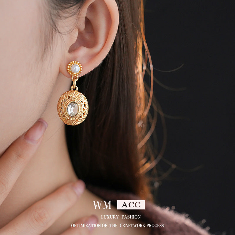 Orecchini a Perno in Perla Stile Vintage con Intarsio di Strass, Design Geometrico Rotondo e Ovale per Donne