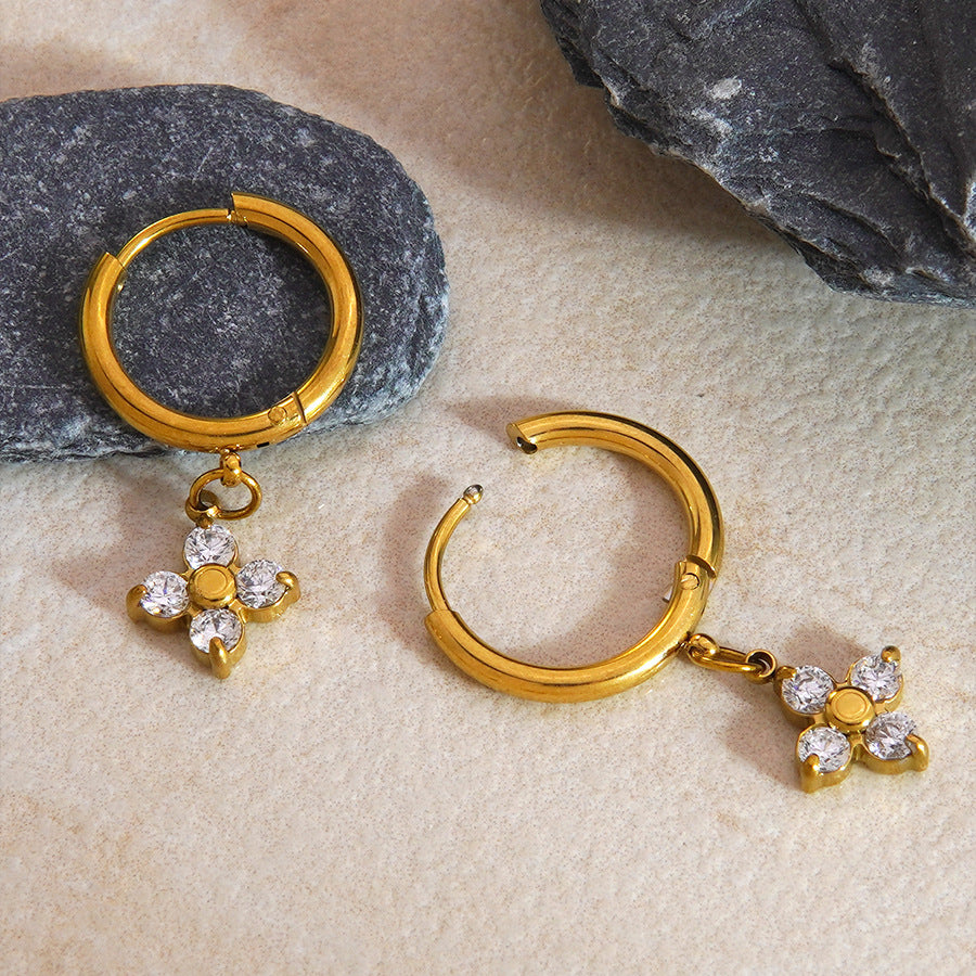 Orecchini a Nappa a Quattro Fiori in Acciaio Inossidabile Placcato con Zirconi Cubici, Design Geometrico Elegante, da Donna