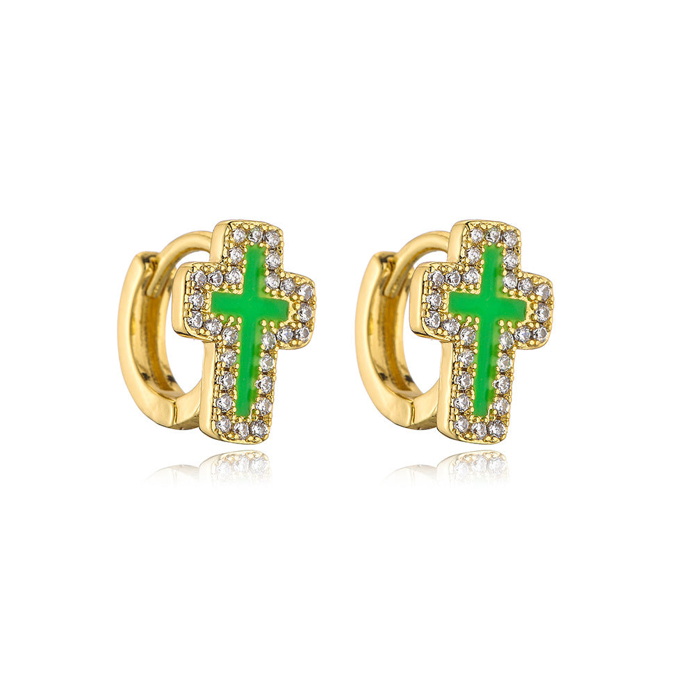 Orecchini geometrici minimalisti in rame placcati in oro 18 carati con smalto in zirconia micro-pavé