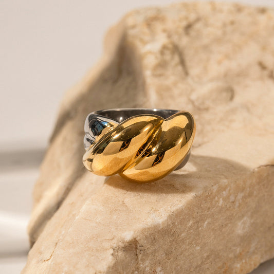 Geometric Stainless Steel Ring with 18K Gold Plating for Women, Fashionable Hypoallergenic Stackable Band