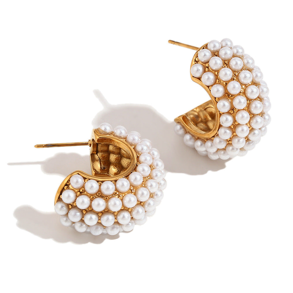 Orecchini a clip geometrici in acciaio inossidabile di tendenza per donna con placcatura in oro 18 carati, strass colorati micro-pavé e dettagli in perle