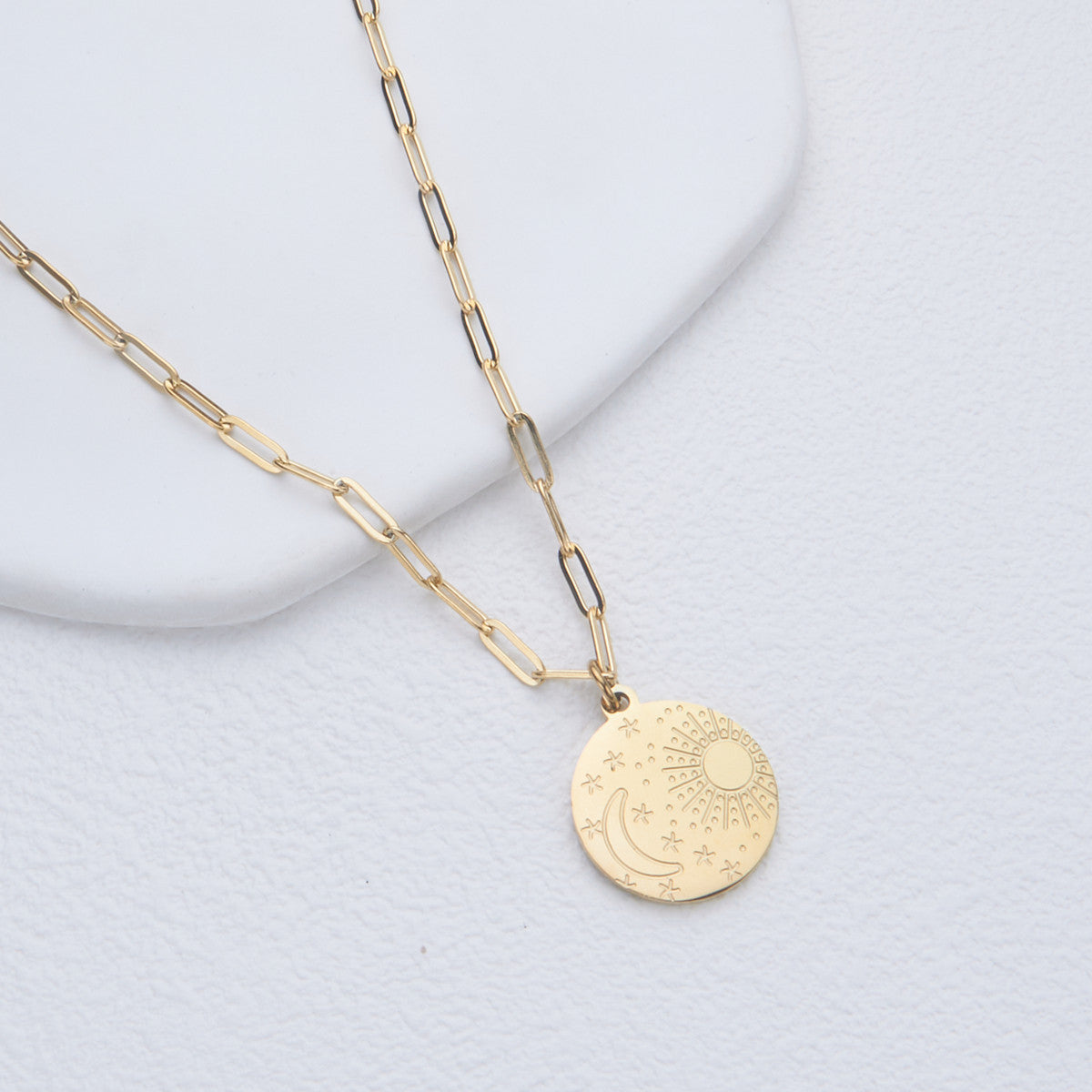 Minimalist Geometric Stainless Steel Polished Star Moon Sun Round Coin Pendant Necklace for Women