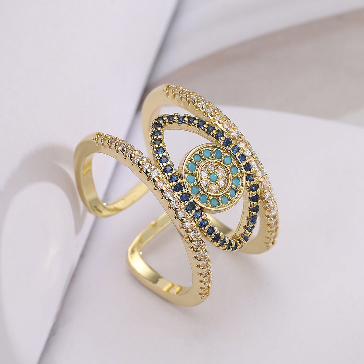 Vintage Elegant 18K Gold Plated Brass Geometric Micro-Inlaid Cubic Zirconia Evil Eye Open Ring for Women