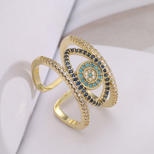 Vintage Elegant 18K Gold Plated Brass Geometric Micro-Inlaid Cubic Zirconia Evil Eye Open Ring for Women