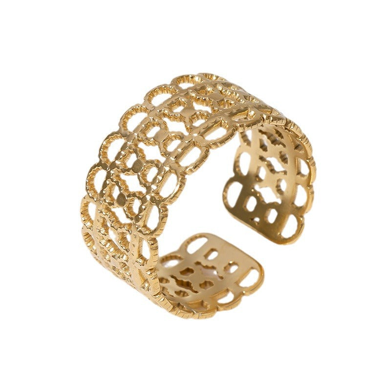 Vintage Geometric Hollow-Out Titanium Steel Ring for Women with Gold Plating and Adjustable Open Band