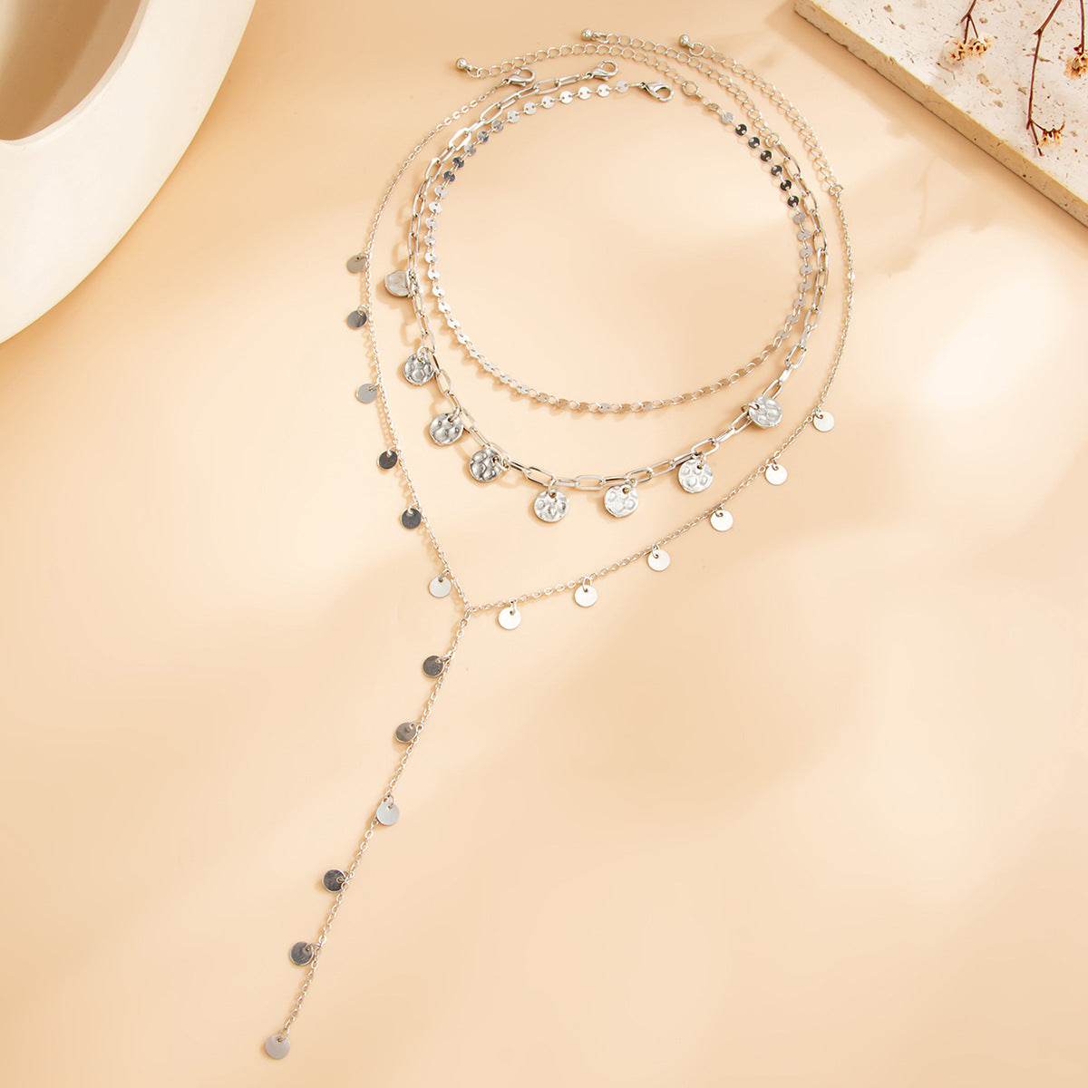 Minimalist Geometric Round Plated Brass Iron Pendant Y-Shape Layered Cable Chain Necklace for Women