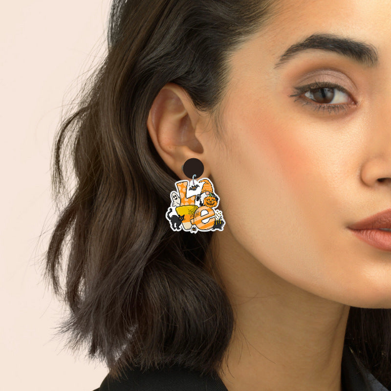 Orecchini Pendenti Acrilici Arcobaleno Fata Zucca Pipistrello Cuore per Donna con Design Stampato