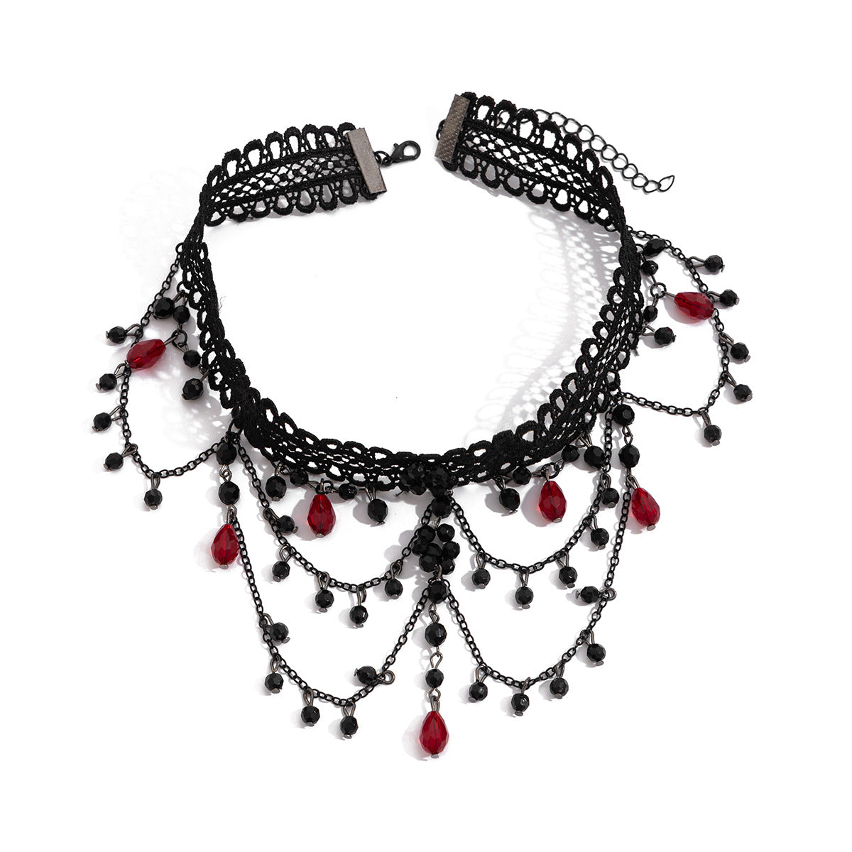 Collana Gotica da Donna Stile Dark con Ciondolo Geometrico, Intarsio di Strass Rossi e Catena in Pizzo