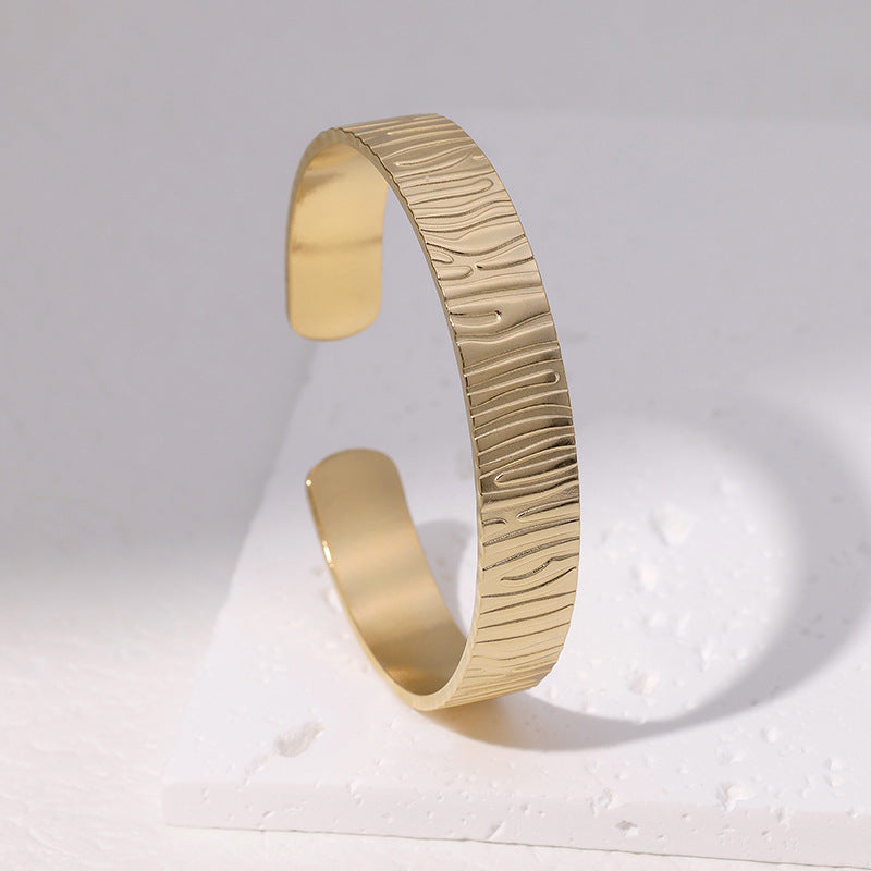 Minimalist Embossed Open Cuff Bracelet 18K Gold Plated Stainless Steel Women