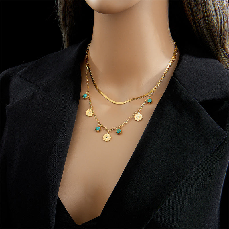 Minimalist Fashion Double-Layer Snake Chain Necklace with Turquoise Flower Pendant in Titanium Steel with Plating Finish