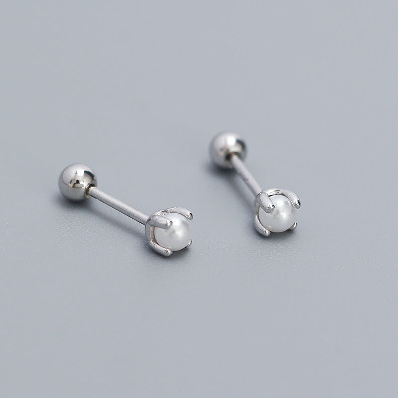 Sweet 925 Sterling Silver Round Geometric Plated Pearl Stud Earrings
