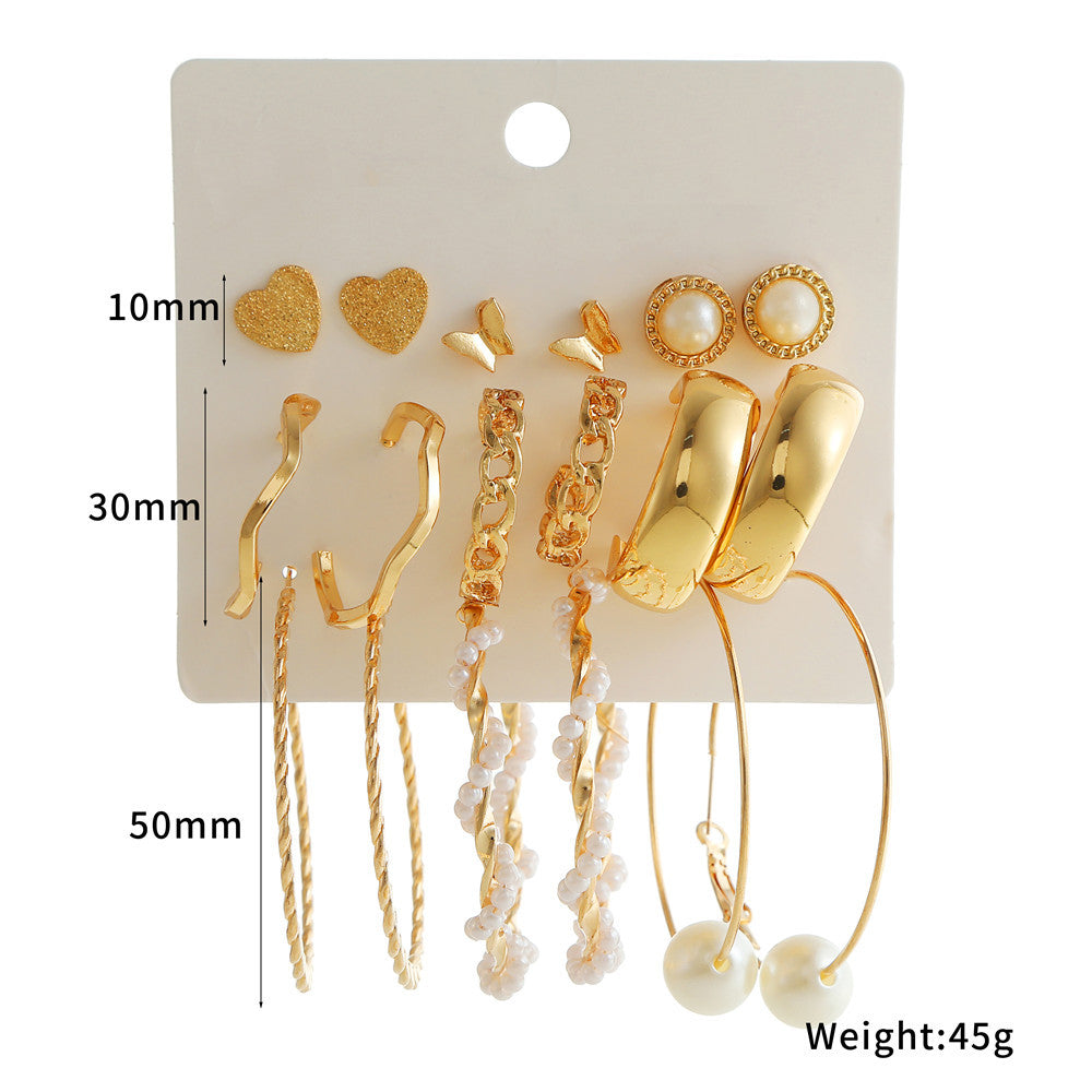 Elegant Geometric Heart Butterfly Pearl Hoop Earrings Set Alloy Plated Stainless Steel Post for Women