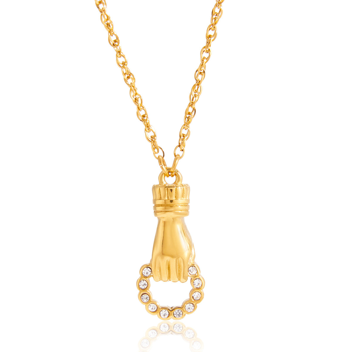 Collar de moda con dije geométrico en forma de mano para mujer en acero de titanio con incrustaciones de diamantes de imitación y baño de oro al vacío PVD