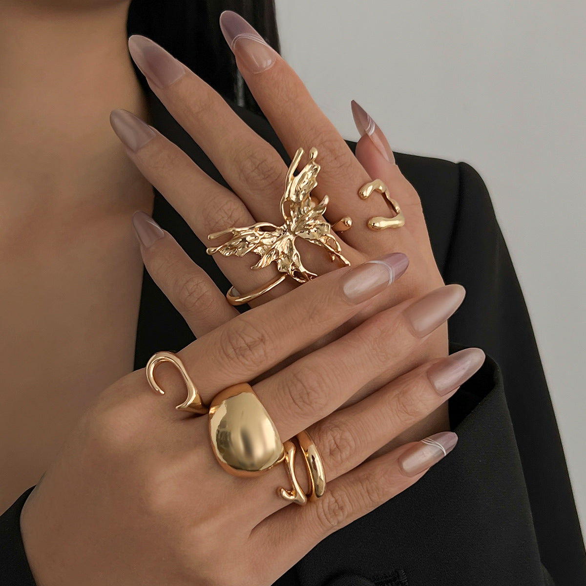 Minimalist Geometric Butterfly Plated Zinc Alloy Ring Set for Women