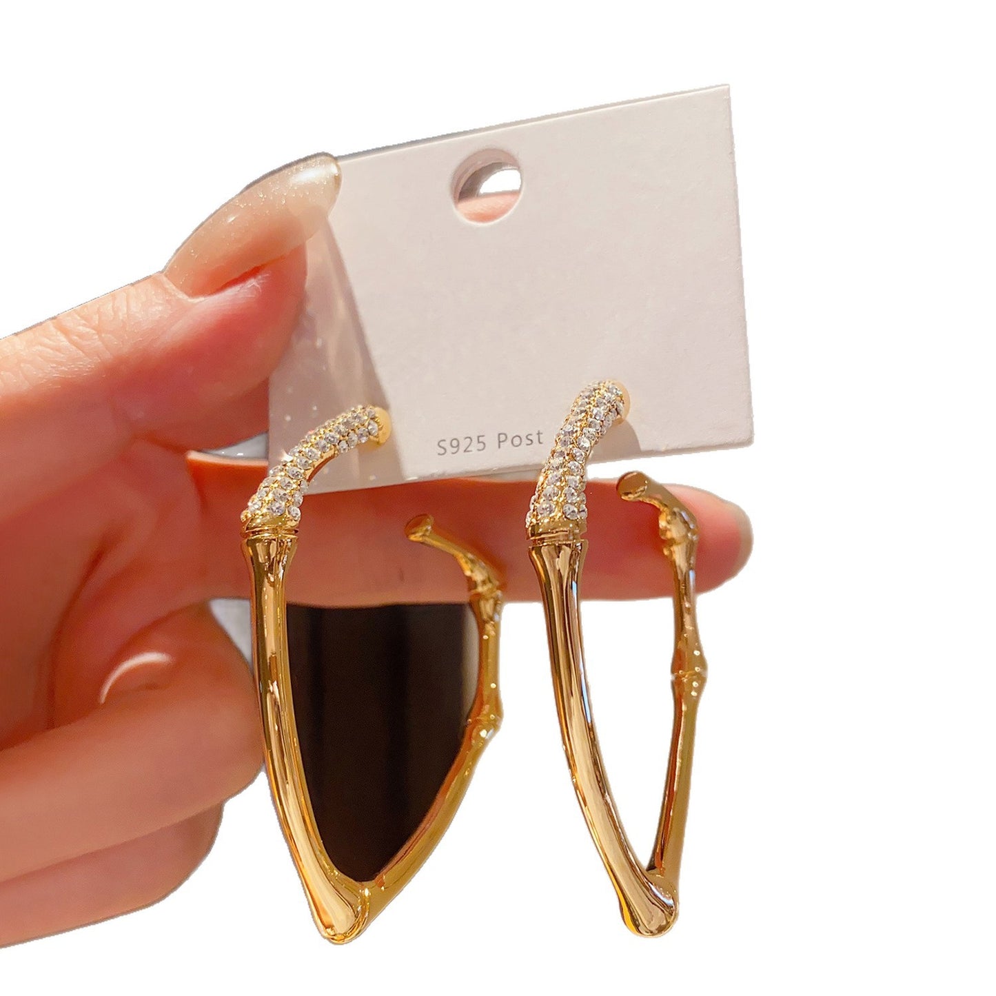 Orecchini a perno da donna di lusso minimalisti geometrici ispirati al bambù con intarsio di strass