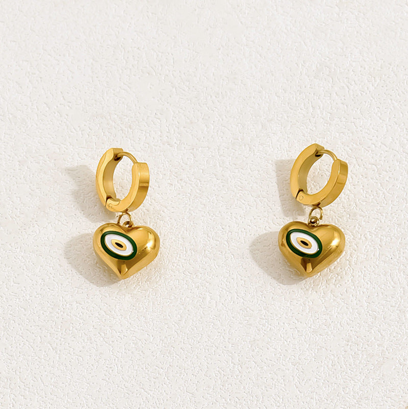 Elegante collar y aretes de cobre esmaltado con forma de corazón para mujer, juego de joyas de moda con colgante y pendientes de botón de estilo viajero