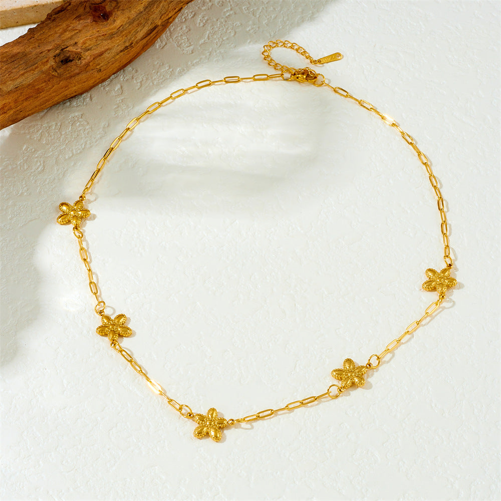 Minimalist Elegant Gold Plated Textured Heart Flower Stainless Steel Necklace Cable Chain for Women