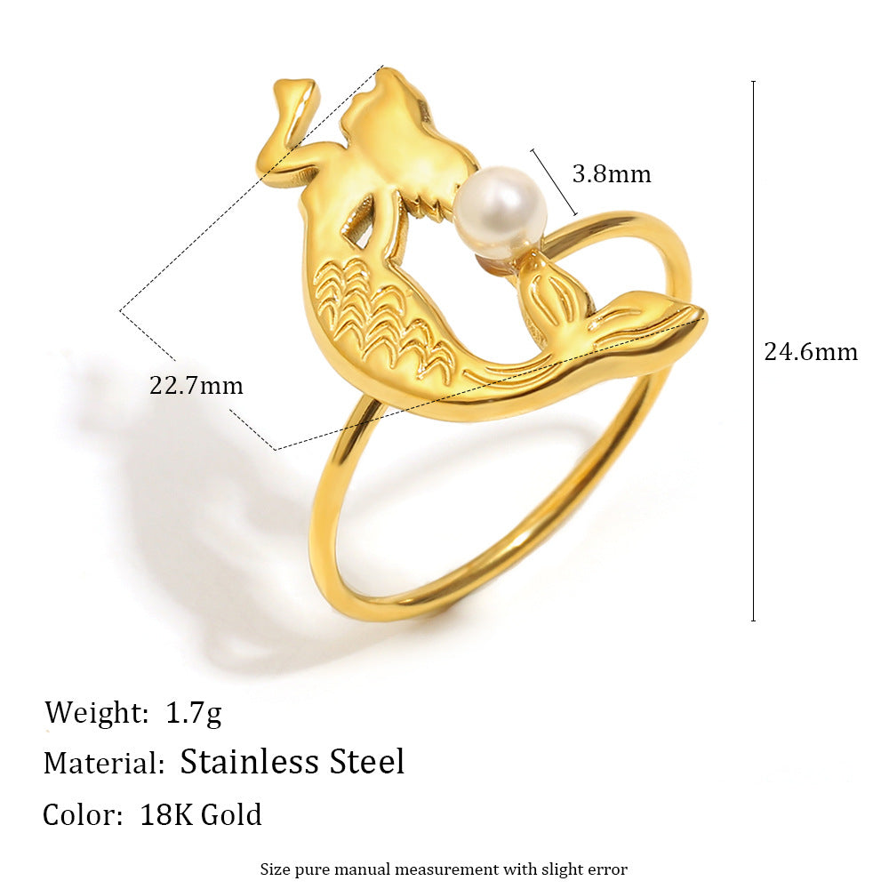 Minimalist Geometric Stainless Steel Ring with 18K Gold Plating and Pearl-Like Accents for Women
