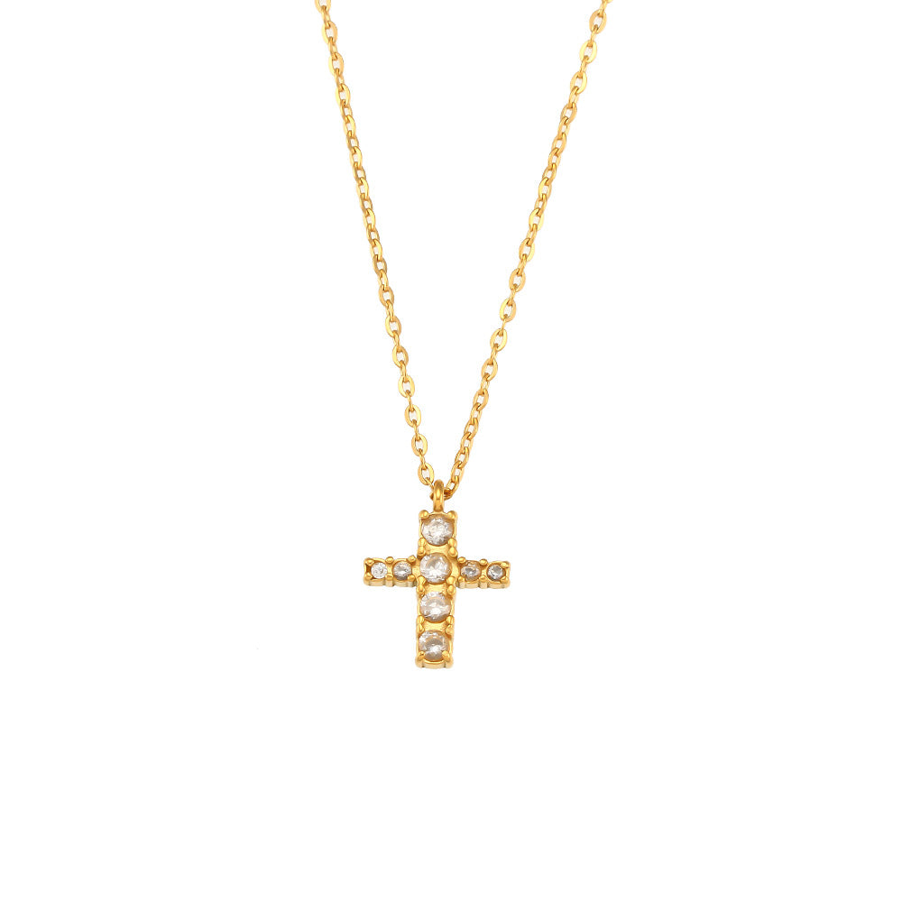Collar con colgante de cruz de acero inoxidable geométrico minimalista con baño de oro de 18 quilates e incrustaciones de mini circonitas