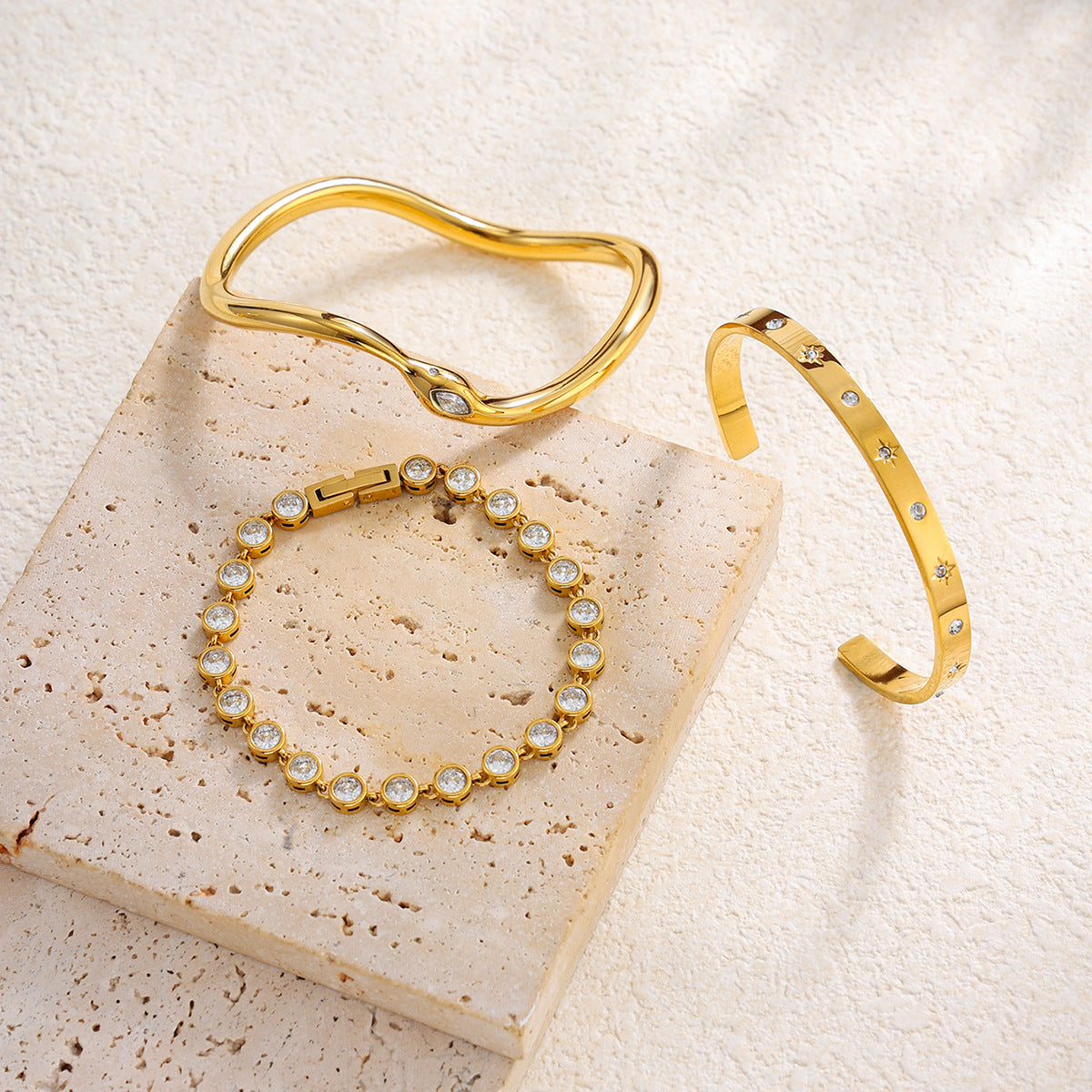 Fashion 18K Gold Plated Stainless Steel Rhinestone Inlaid Geometric Snake Chain Open Cuff Bracelet