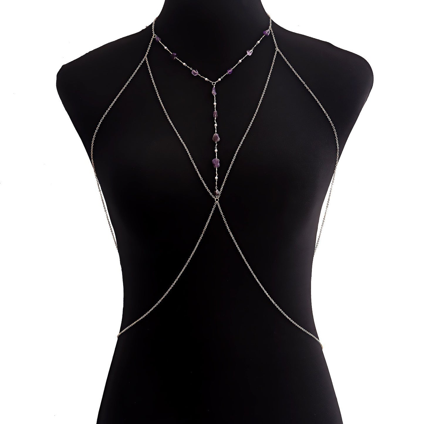 Collana a catena da corpo in turchese e viola minimalista da donna in lega placcata con finitura lucida