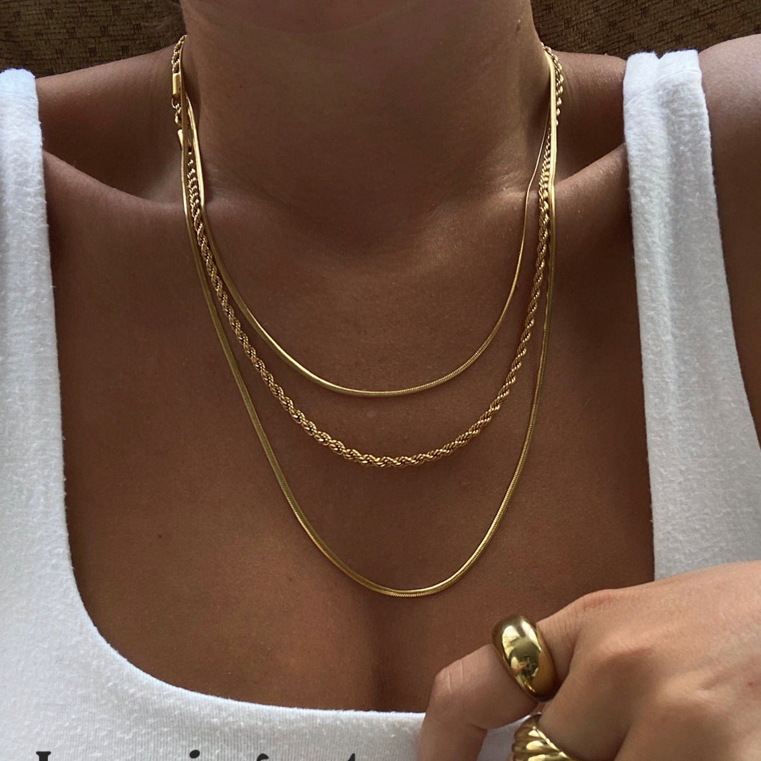 Vintage Stainless Steel U-Shape Layered Necklace with Snake and Rope Chains