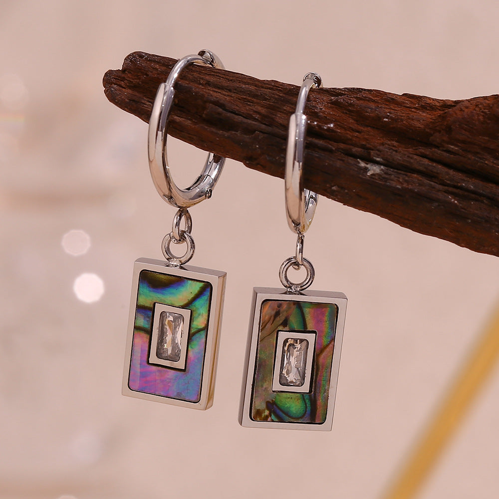 Minimalist Geometric Stainless Steel Plated Rectangle Abalone Shell and Zircon Earrings for Women