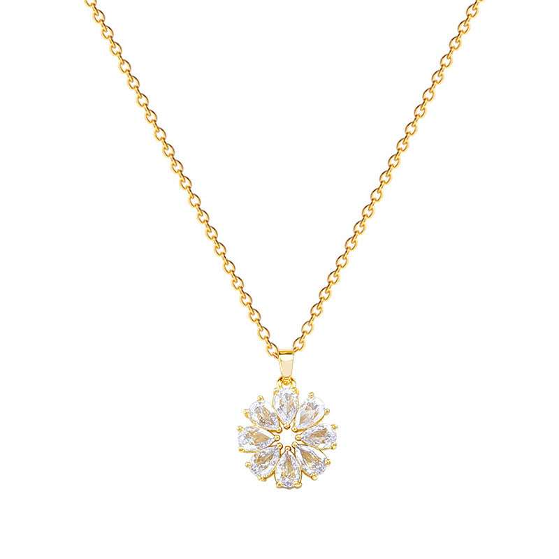 Rotating Zircon Flower Pendant Necklace for Women Stainless Steel Delicate Clavicle Chain with Full Rhinestone Accents