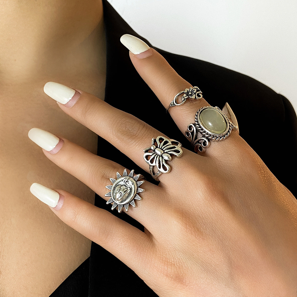 Vintage Bohemian Butterfly Engraved Alloy Ring Set for Women with Antique Finish and Geometric Animal Design